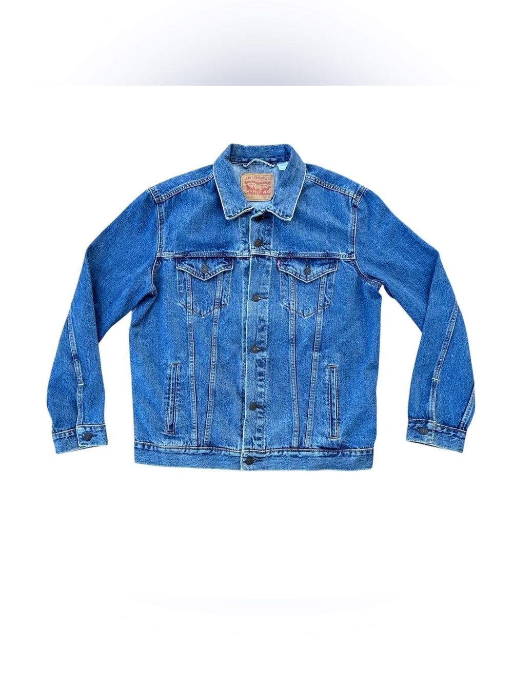 Levis 72334 Mens XL Wash Blue Denim Trucker Jacket Classic Red Tab Coat